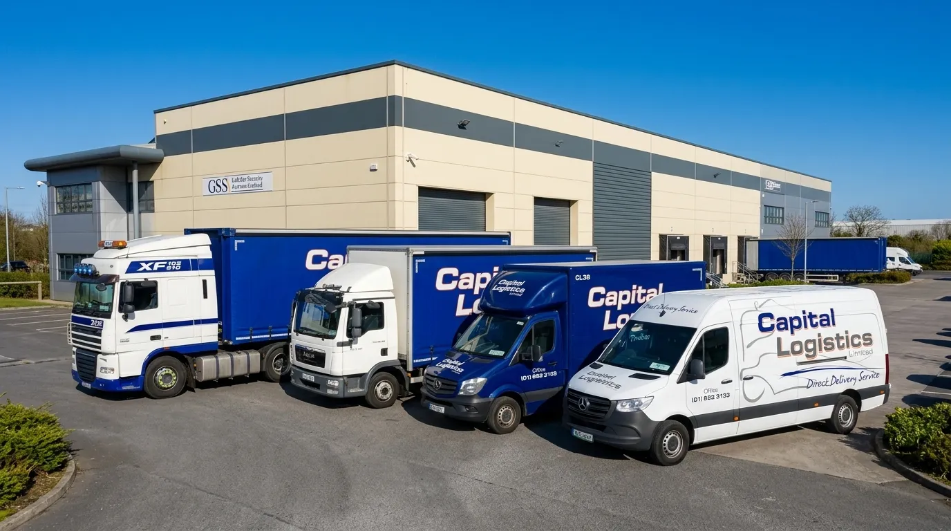 Capital Logistics fleet — articulated truck, rigid box-body and delivery vans outside the Dublin depot